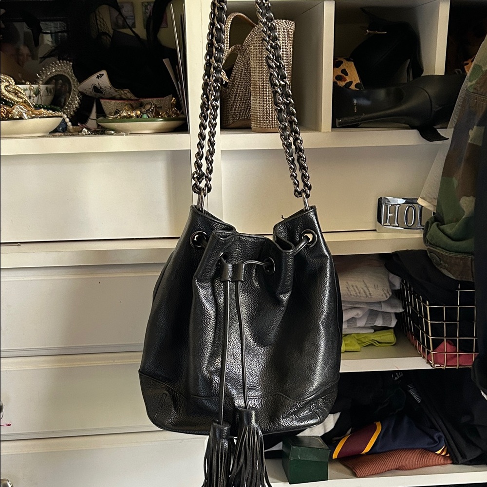 Rebecca Minkoff Black Leather Drawstring Hobo with Chain Straps